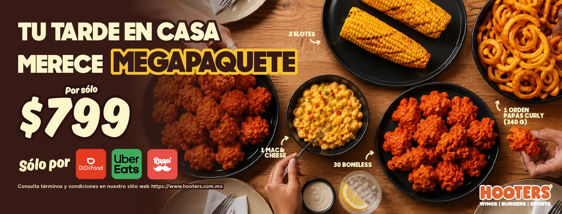Megapaquete Hooters — 30 boneless, mac & cheese, elotes y papas curly por $799