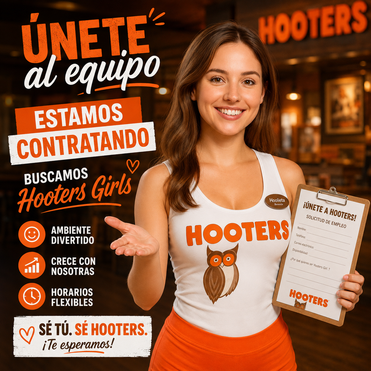 Hooters Girl invitando a unirse al equipo Hooters